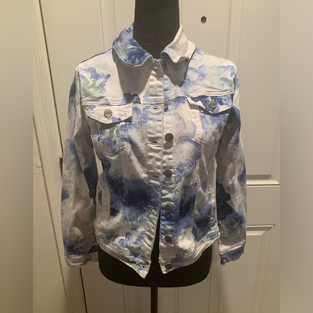Nanette Lepore Womens Stretch Denim Jean Jacket Floral Print Blue/White Size S